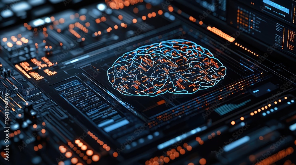 Poster Artificial intelligence database in cyberspace circuit concept. Digital brain concept with circuitry and glowing elements.