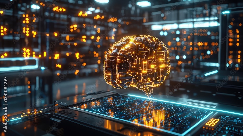 Poster Artificial intelligence database and future computing concept. Futuristic AI brain with glowing circuits in a digital environment.