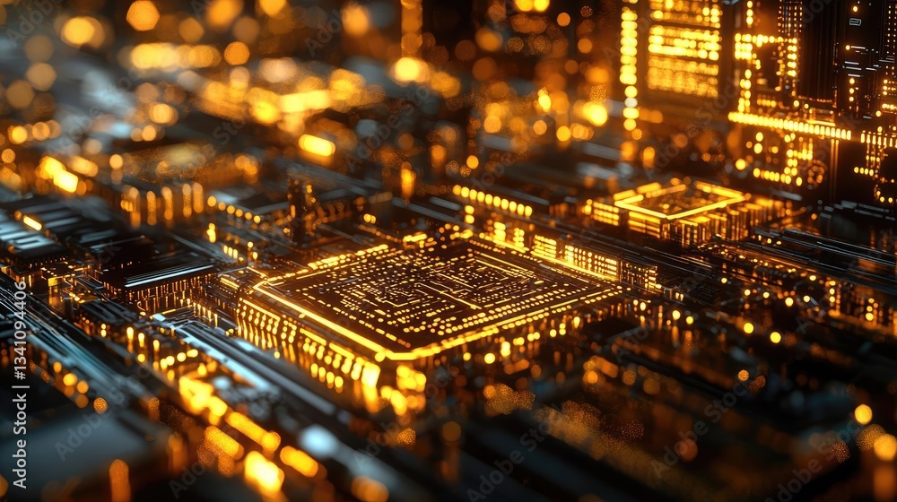 Aufkleber Artificial intelligence database and future computing concept. Close-up of a glowing circuit board showcasing intricate details.