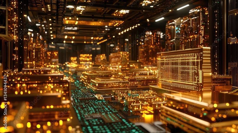 Aufkleber Artificial intelligence database in cyberspace circuit concept. Futuristic digital cityscape with glowing circuitry and buildings.