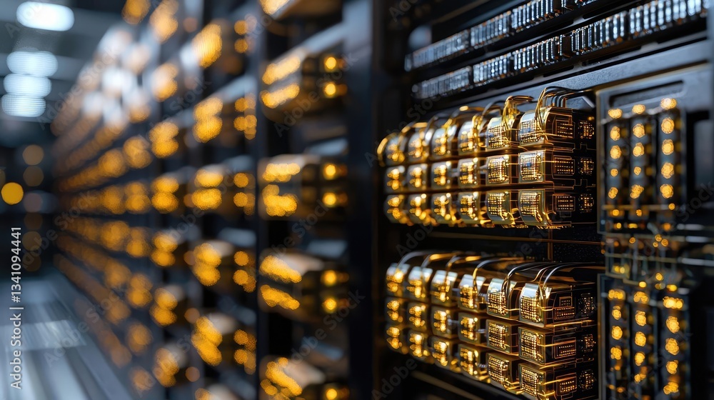 Leinwandbilder Artificial intelligence database in cyberspace circuit concept. A close-up of modern server racks illuminated with warm lights.