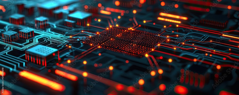 Poster Artificial intelligence database and future computing concept. Futuristic circuit board with glowing elements and technology details.