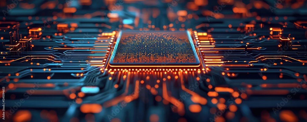 Aufkleber Artificial intelligence database and future computing concept. Close-up view of a microprocessor on a circuit board.