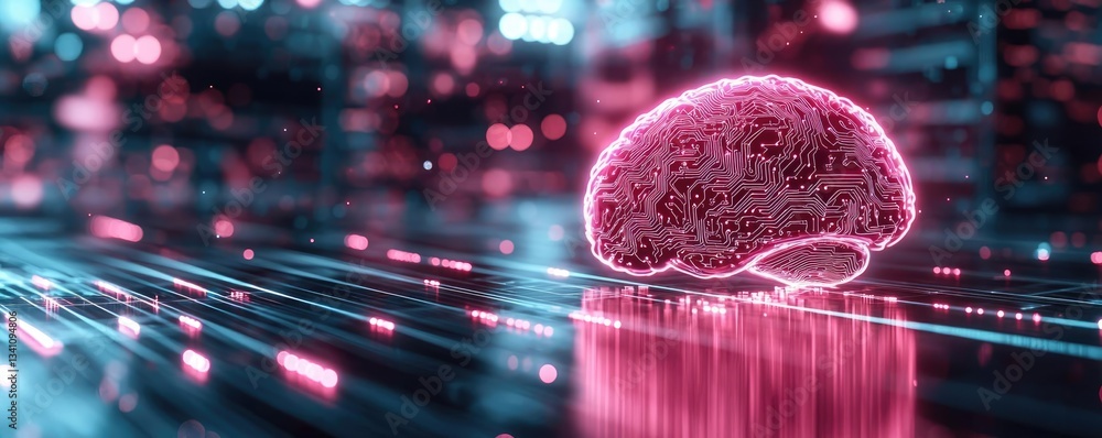Poster Artificial intelligence database and future computing concept. Futuristic representation of a brain with neon lights.