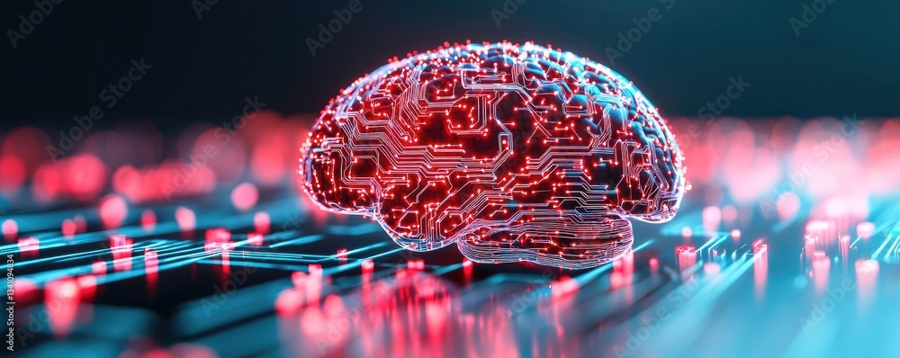 Poster Artificial intelligence database and future computing concept. Futuristic brain with circuit patterns and glowing lights.