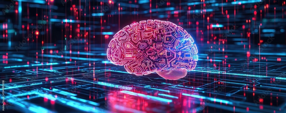 Fototapete Artificial intelligence data circuit in cyberspace computing concept. Futuristic digital brain surrounded by neon data streams.