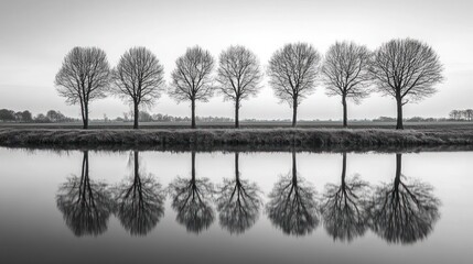 Serene Reflection: Seven Trees Mirrored in Still Waters