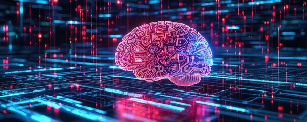 Artificial intelligence data circuit in cyberspace computing concept. Futuristic digital brain surrounded by neon data streams.