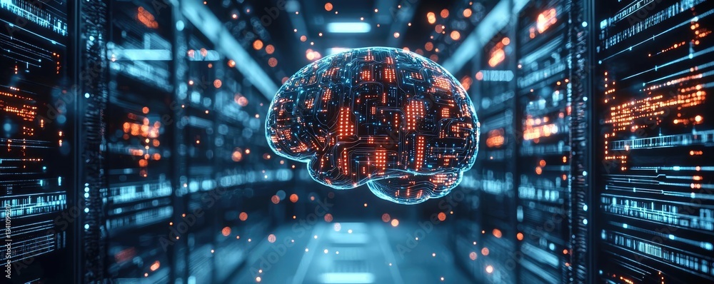Aufkleber Artificial intelligence database in cyberspace circuit concept. Futuristic digital brain in a data center with glowing circuits.