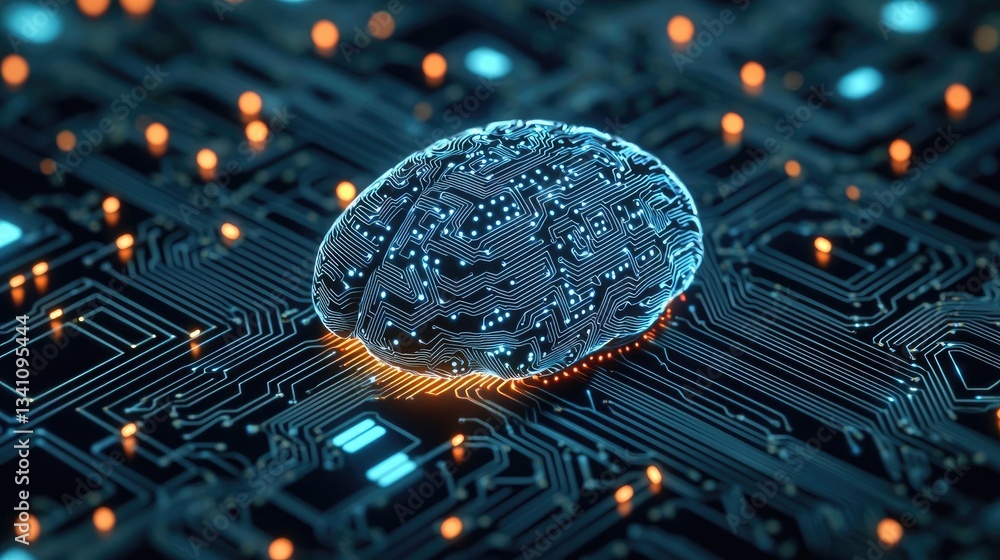 Aufkleber Artificial intelligence data circuit in cyberspace computing concept. Futuristic electronic brain on circuit board close-up.