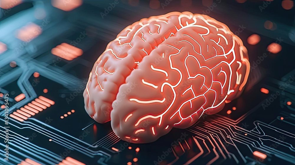 Poster Artificial intelligence database in cyberspace circuit concept. A glowing brain on a circuit board, symbolizing technology and intelligence.