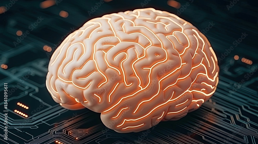 Aufkleber Artificial intelligence database and future computing concept. Close-up of a glowing brain model on a circuit board background.