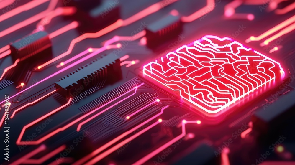 Poster Artificial intelligence database and future computing concept. Close-up view of a bright, intricate circuit board design.