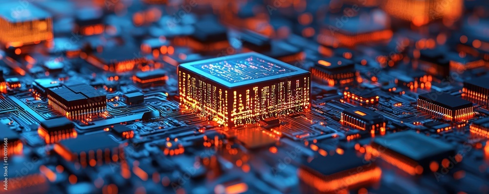 Poster Artificial intelligence database in cyberspace circuit concept. Close-up of a glowing microchip on a circuit board.