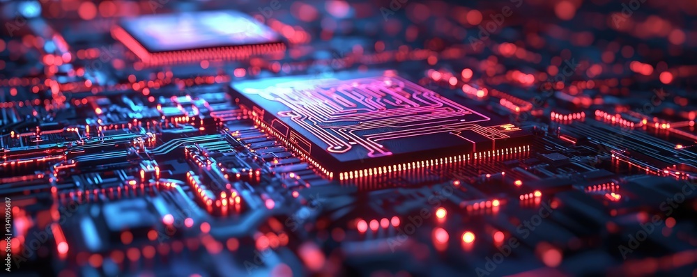 Poster Artificial intelligence database in cyberspace circuit concept. Close-up view of a glowing microchip on a circuit board.