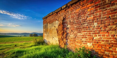 Golden Hour Illumination on a Rustic Brick Wall in a Verdant Pasture