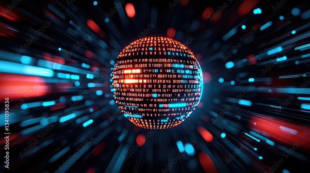 Aufkleber Artificial intelligence data circuit in cyberspace computing concept. Abstract digital globe with vibrant light trails in a dark space.