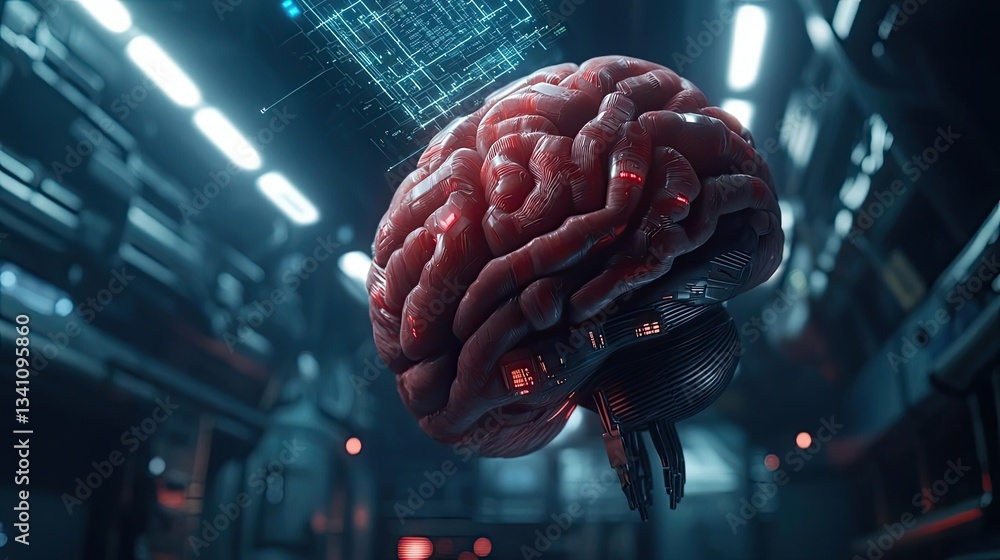 Poster Artificial intelligence database in cyberspace circuit concept. Futuristic brain with digital elements in a sci-fi environment.