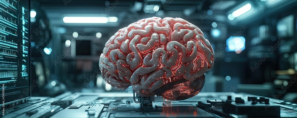 Poster Artificial intelligence database and future computing concept. A futuristic display of a glowing human brain in a lab.