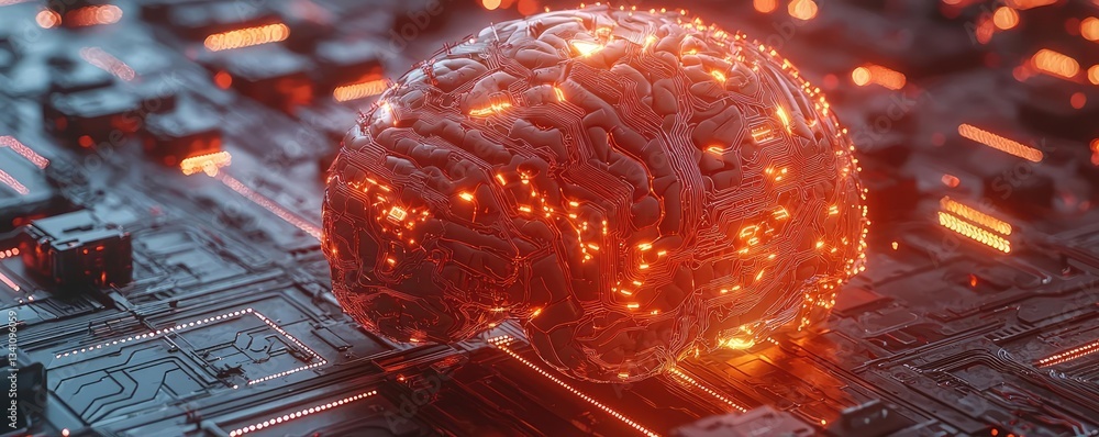 Poster Artificial intelligence database and future computing concept. Futuristic brain technology on a circuit board.