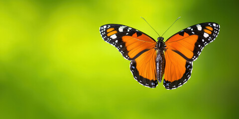 Obraz premium A vibrant butterfly with orange and black wings flutters gracefully against a soft green background, showcasing nature's beauty and delicate elegance.