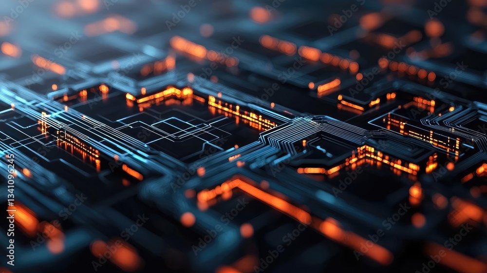 Poster Artificial intelligence database and future computing concept. Futuristic circuit board with glowing lines and intricate patterns.