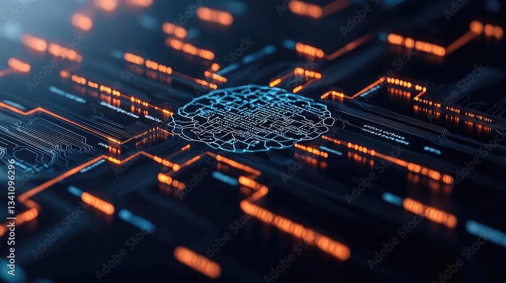 Aufkleber Artificial intelligence database and future computing concept. Abstract digital circuit with glowing lines and a neural network.