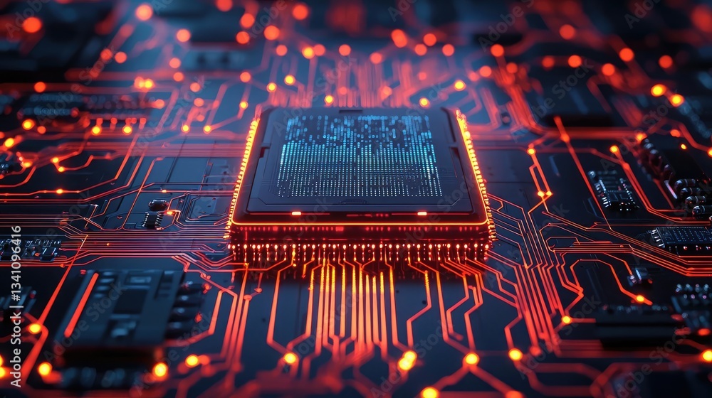Poster Artificial intelligence database and future computing concept. Close-up view of a glowing microchip on a circuit board.
