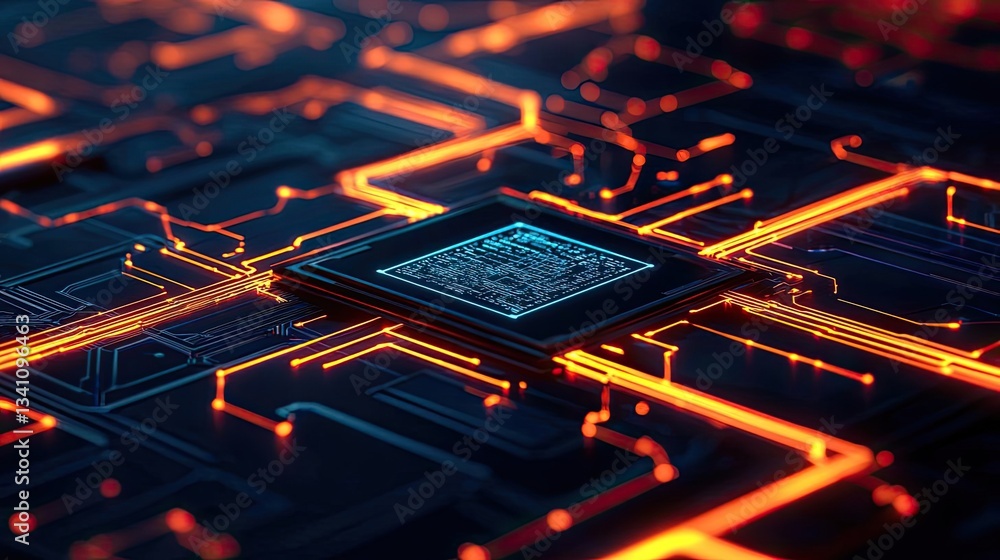 Poster Artificial intelligence database and future computing concept. Close-up view of a modern microchip with intricate circuitry.