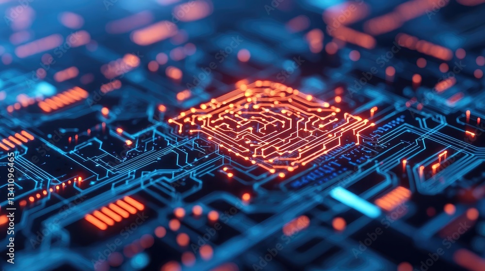Poster Artificial intelligence database in cyberspace circuit concept. Abstract electronic circuit board with glowing elements.