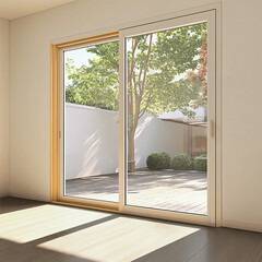 A modern sliding door opens to a serene outdoor space with greenery and a wooden deck, illuminated by natural sunlight.