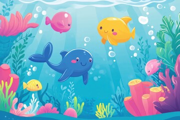 Cute Cartoon Underwater Scene with Fish