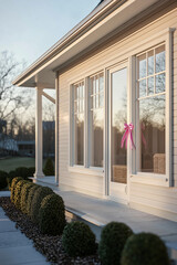 A charming home entrance with a pink bow on the door, neat landscaping with shrubs, and warm lighting at sunset.