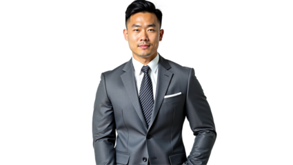 Confident Asian businessman portrait in grey suit. Formal professional attire for corporate use. Isolated on transparent background.