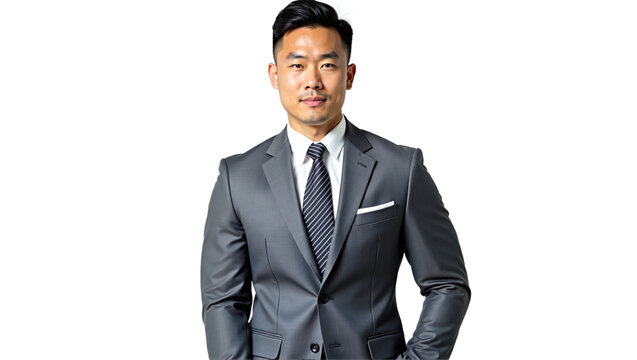 Confident Asian businessman portrait in grey suit. Formal professional attire for corporate use. Isolated on transparent background.