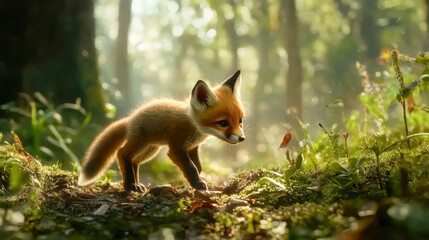 Young fox exploring sunlit forest floor with curiosity and wonder.