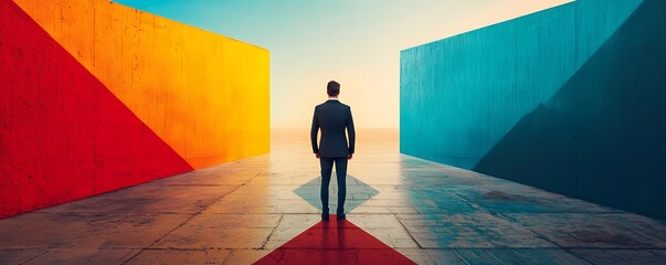 Minimalist businessman at a crossroad, multiple choice paths in vivid colors