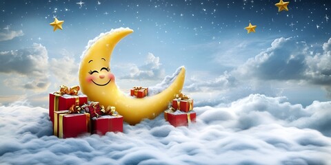 A crescent moon with a smiling face surrounded by gifts in a cloudy starry night sky scene