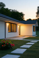 A modern house at dusk with warm lighting and a well-maintained front yard, featuring a clear pathway and colorful flowers.
