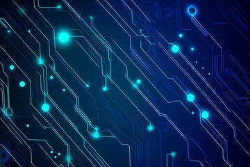 Obraz premium Abstract close-up of a glowing blue digital circuit board, showcasing intricate connections and technological design on a black background. 