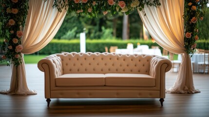 Elegant cream sofa under floral archway