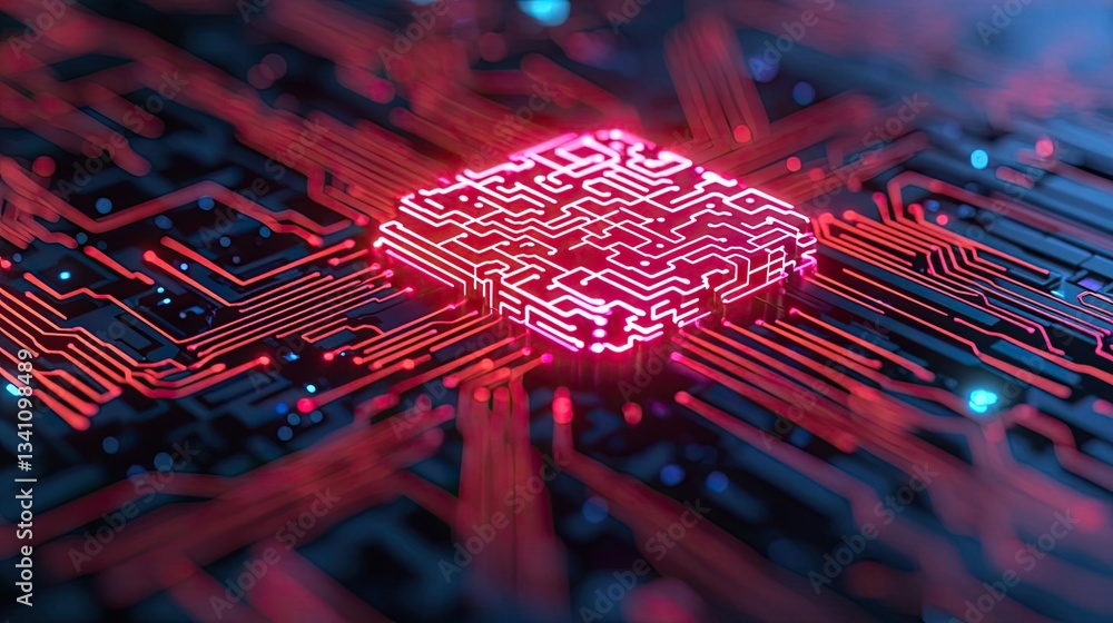 Poster Artificial intelligence database in cyberspace circuit concept. Futuristic circuit board with glowing microchip in vibrant colors.