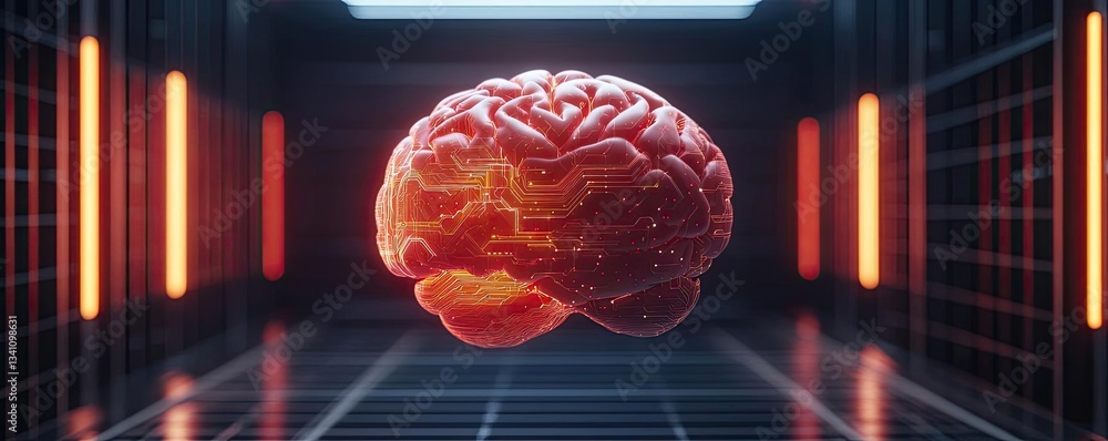 Poster Artificial intelligence database in cyberspace circuit concept. A digitally rendered brain floating in a futuristic environment.