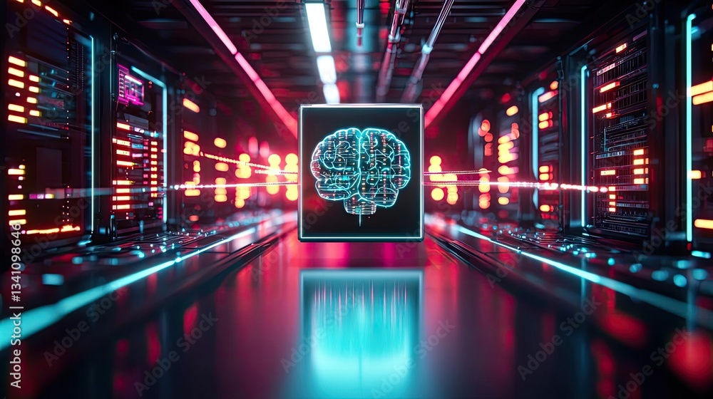 Poster Artificial intelligence database and future computing concept. Futuristic visualization of artificial intelligence in data center.