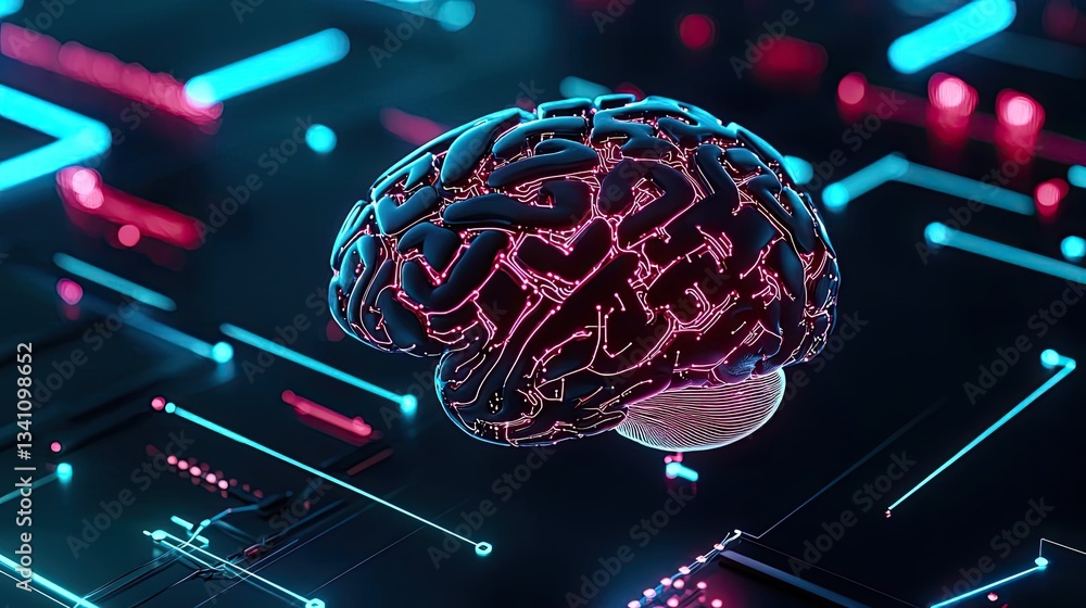 Poster Artificial intelligence database and future computing concept. A futuristic brain design with neon circuits and vibrant colors.
