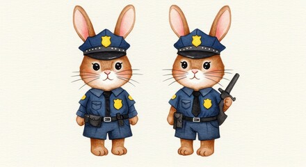 Two Bunny Police Officers on White - Adorable watercolor illustration of two bunnies dressed as police officers. Symbolizing safety, cuteness, protection, law enforcement, and childhood innocence