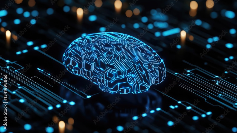Aufkleber Artificial intelligence data circuit in cyberspace computing concept. Futuristic representation of a brain and circuit technology.