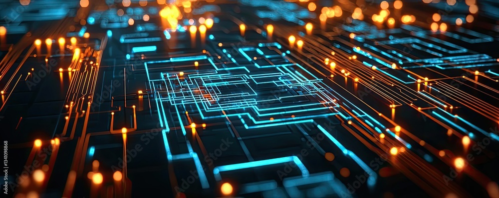 Poster Artificial intelligence database and future computing concept. Futuristic abstract technology circuit background with glowing lights.
