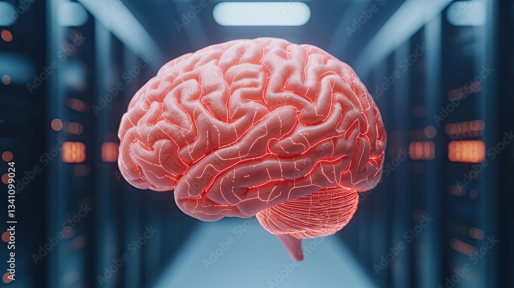 Poster Artificial intelligence database and future computing concept. A digital brain glowing in a futuristic data center environment.