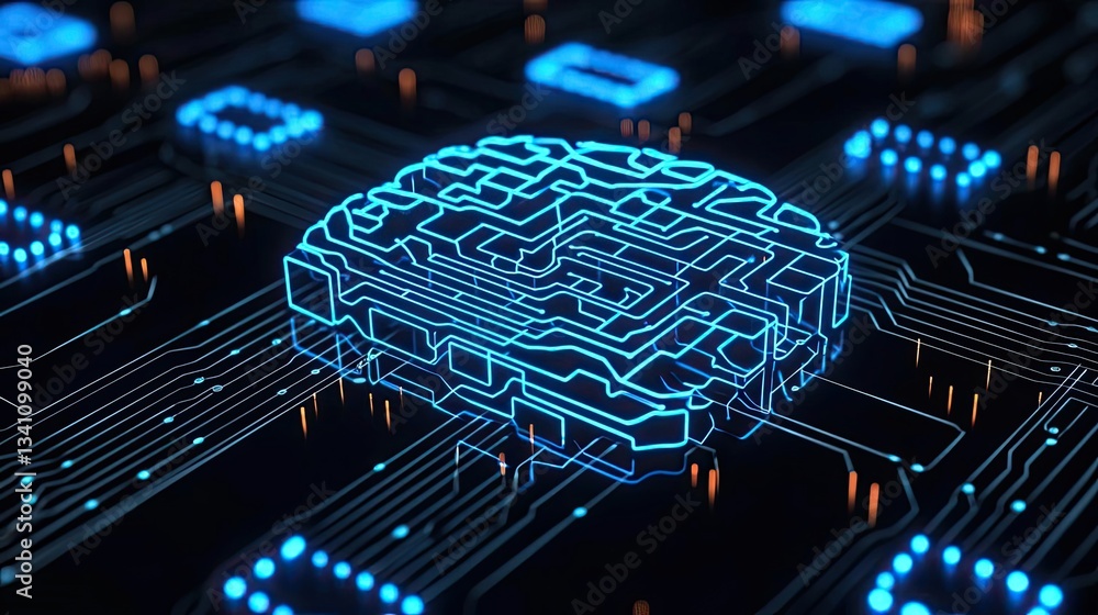 Poster Artificial intelligence data circuit in cyberspace computing concept. Futuristic digital brain with neon circuitry on a dark background.